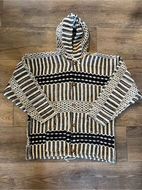 Vintage Ecuador  Adult Large Baja Boho Button Hood Native Eagle Cardigan Wool